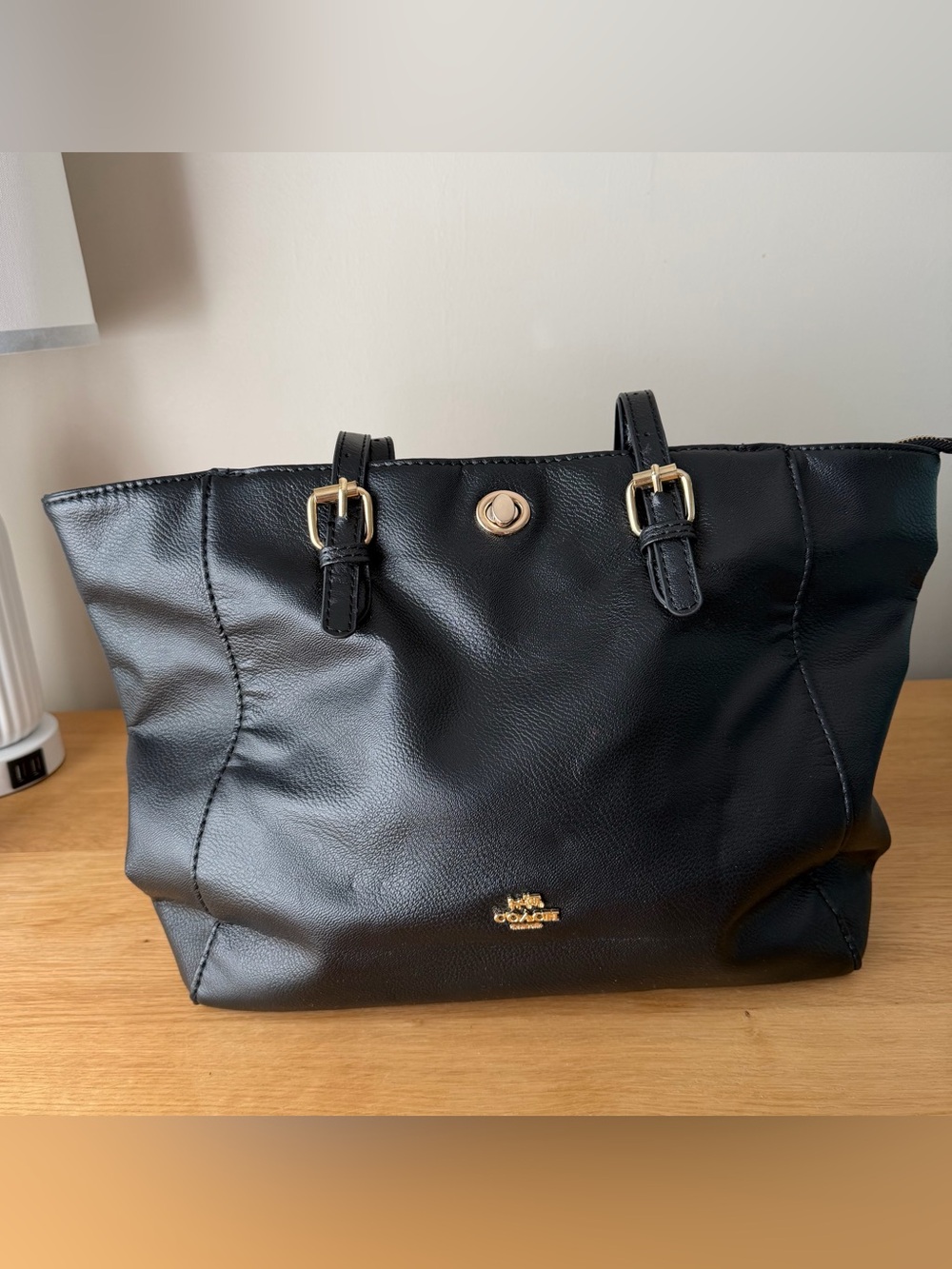Coach Black Leather Tote with Gold Accents